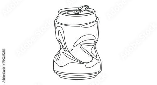 Crushed aluminum can drawn in a single continuous line. Minimalist art for recycling and environmental concepts