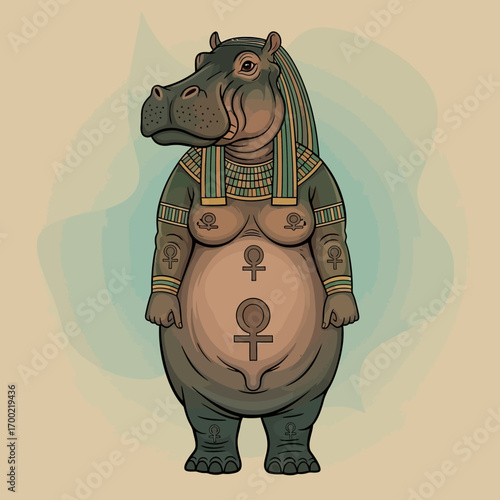A hippopotamus goddess, adorned in ancient Egyptian regalia, stands majestically.