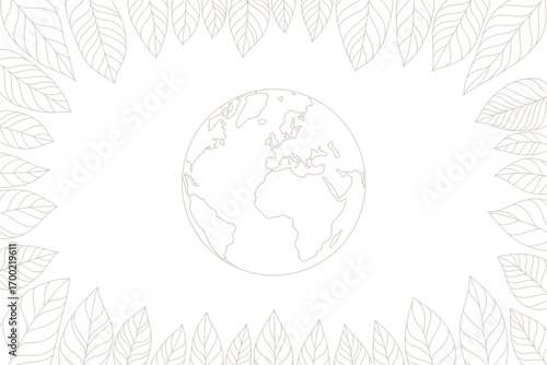 A white background with a globe in the center surrounded by leaves forming a border around the globe image