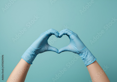 Hands in protective gloves creating a heart shape against a blue background, symbolizing care, safety, and affection for medical professionals and services.