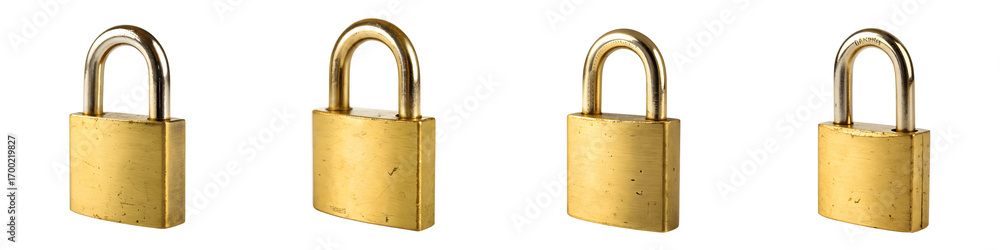 Fototapeta premium Set For Four brass padlocks isolated on transparent background