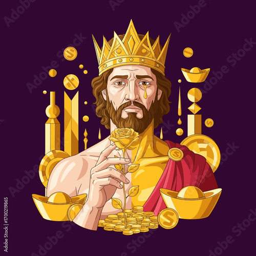 A regal figure, sorrowful yet surrounded by wealth, holds a single rose amidst golden coins and symbols of prosperity.