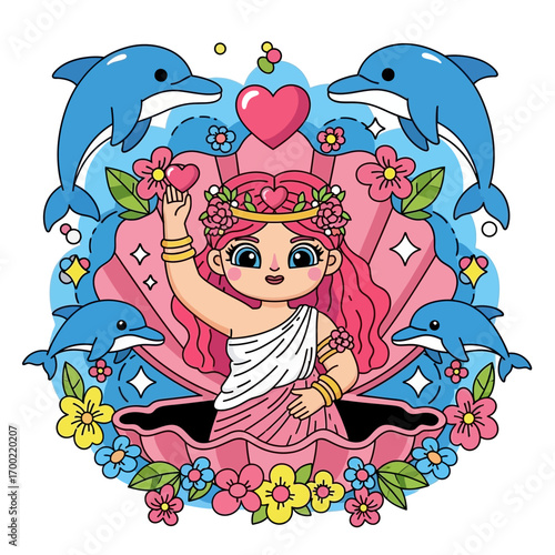 A whimsical illustration of a cute girl, resembling a mermaid, seated within a large seashell, surrounded by playful dolphins and flowers.