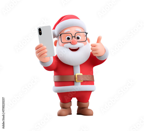 Cheerful Santa cartoon taking selfie with thumbs up gesture on transparent background, PNG