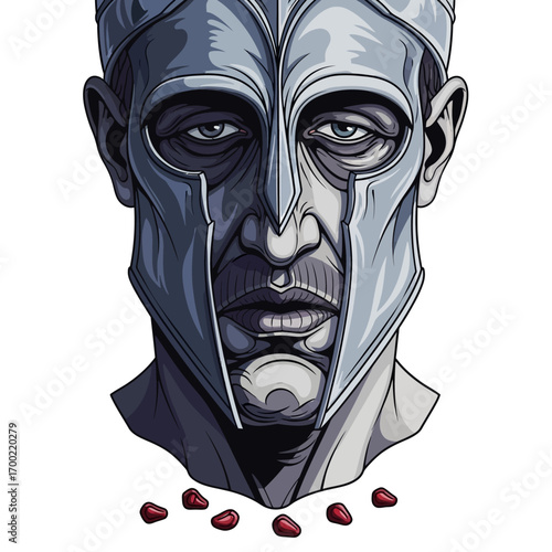 Illustration of a man wearing a helmet with pomegranate seeds scattered below his face, set against a white background.