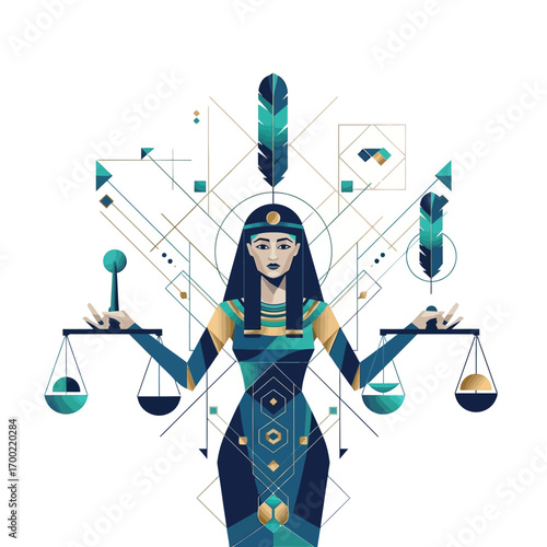 Geometric illustration of an Egyptian goddess holding scales, symbolizing justice and balance.