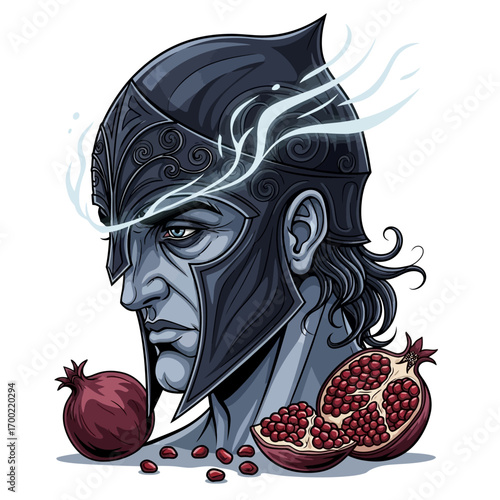 A stern-faced warrior, possibly Hades, wearing a helmet, with ethereal energy and pomegranates.