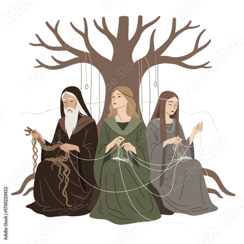 An allegorical illustration of three mythical figures weaving the threads of destiny under a symbolic tree of life