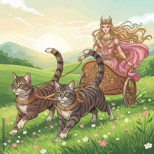 A blonde goddess rides in an ornate chariot pulled by two determined tabby cats across a flower-filled meadow.