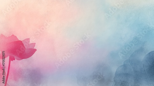 Soft watercolor gradient in pastel tones, faint silhouette of a lotus flower in one corner, poetic and meditative composition with empty center space, 16:9