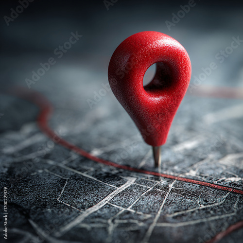 A close up of a red location pin stuck into a map with a red line indicating a route