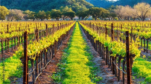vineyard. Serene vineyard landscape with orderly grapevine rows under natural sunlight, evoking tranquility and growth. travel magazines.