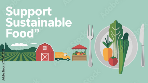 Illustration of farm landscape with barn, truck, market stand, and plate of vegetables on table