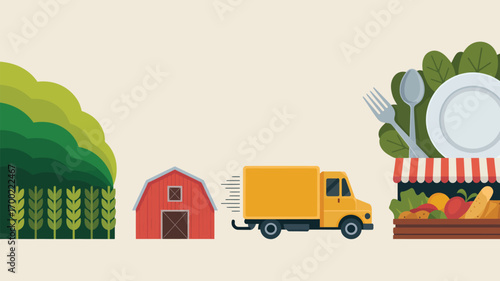 Illustration of farm to table delivery with barn truck wheat and market stand arrangement scene