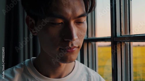 Close-up video shot of a contemplative person gazing out a window at sunset. The side angle captures serene fields and a warm, reflective mood.