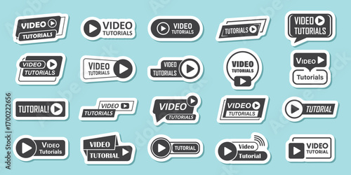 Play video tutorials sticker icon set in flat style. Education software vector illustration on isolated background. Webinar training sign business concept.