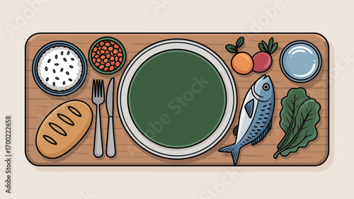 Flat lay illustration of a wooden tray with various food items including fish and vegetables