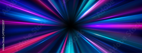 Speed effect with perspective light and motion line for car race win or trail road background. Sport city track and fast stadium highway with neon rays and speedy blur illustration.