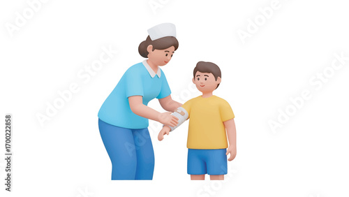 Nurse measures blood pressure of young boy in doctor's office during routine checkup, ensuring his health and wellbeing with care and professionalism.