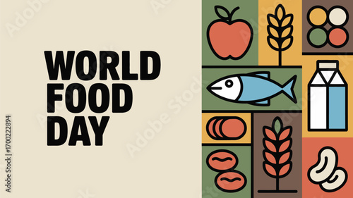 World food day poster with apple fish wheat milk beans and other food icons in square pattern design