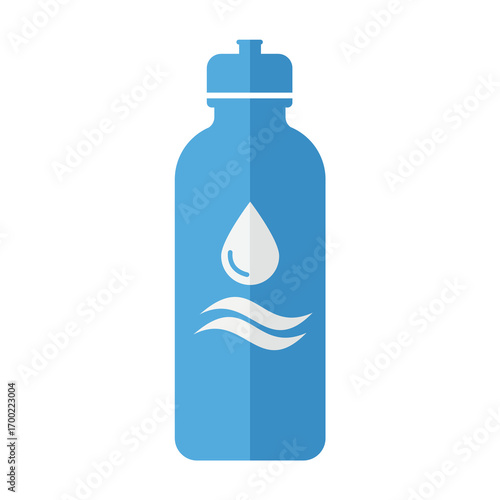 Blue Water Bottle with Hydration Symbol on White Background
