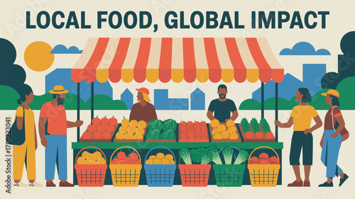 Illustration of people at a farmers market with local food and global impact text banner above it