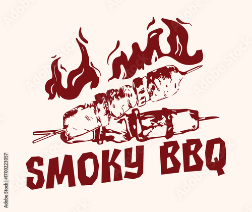 Smoky BBQ Illustration – Grilled Meat with Fire Retro Design
