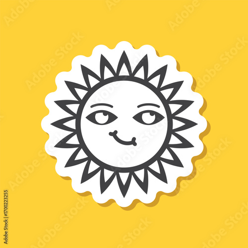 Funny sun with face sticker icon in flat style. Summer sunshine emoji vector illustration on isolated background. Smiling sun sign business concept.