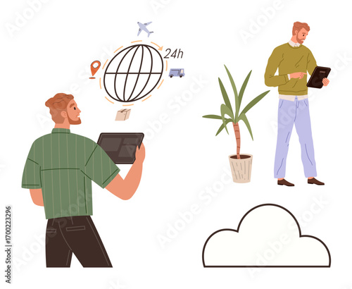 Man holding tablet, examining digital network with global map, location pin, plane, truck icons. Ideal for logistics, cloud computing, remote work, e-commerce delivery connectivity simple flat