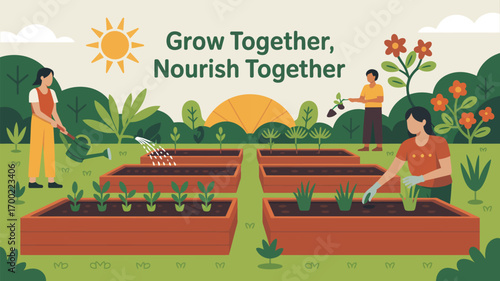 People tending raised garden beds with sun and plants in a community garden illustration style