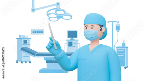 Surgeon in scrubs pointing with scalpel in operating room, preparing for surgery with sterile equipment in a clinical setting.