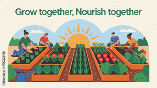 Illustrated community garden scene with people tending to plants under a bright sun and blue sky