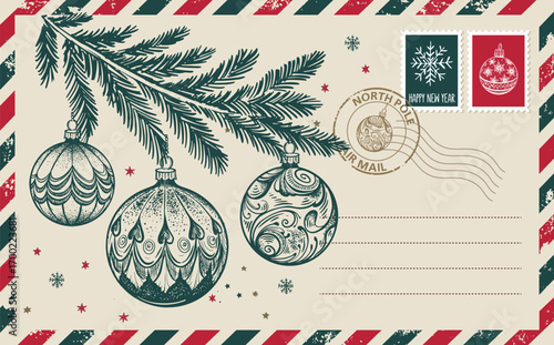 Christmas postcard, card with ball, hand drawn illustration.