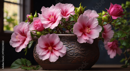 Wallpaper Mural Close up of hibiscus plant in dark interior. Blooming pink hibiscus in brown decorative pot. Flower with yellow stamen on table. Vibrant plant in patterned brown pot. Torontodigital.ca