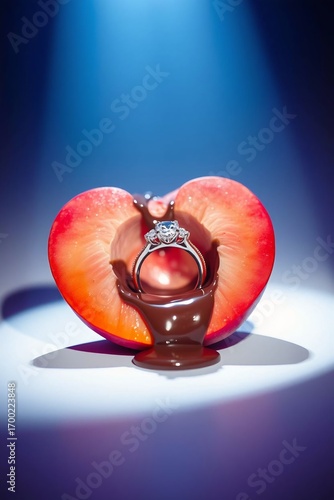 Luxury engagement ring showcased inside a peach with chocolate, high-contrast studio jewelry shot.