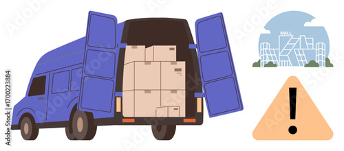 Delivery truck loaded with multiple boxes parked near a shopping mall with a caution sign. Ideal for logistics, delivery service, supply chain, transportation, e-commerce, retail management, shipment