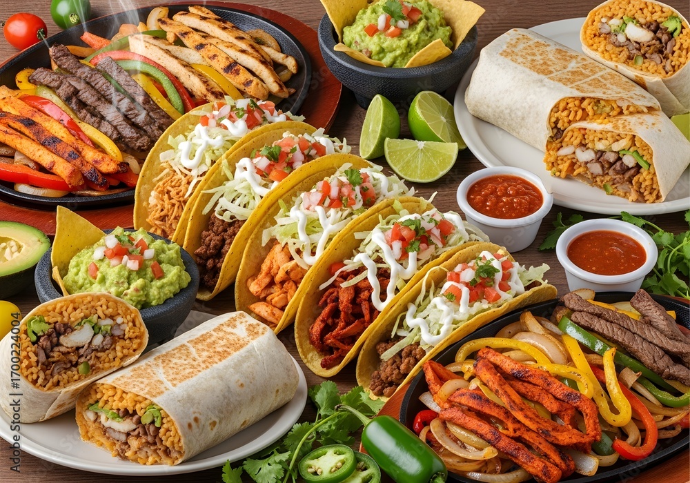 Fototapeta premium Delicious mexican food feast featuring tacos burritos and fajitas with fresh ingredients and vibrant colors