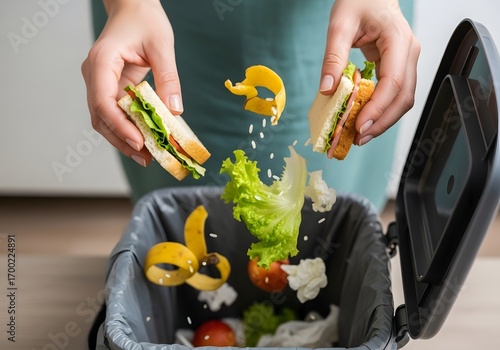 Food waste being thrown into a trash bin with sandwich and fruit peelings and lettuce inside