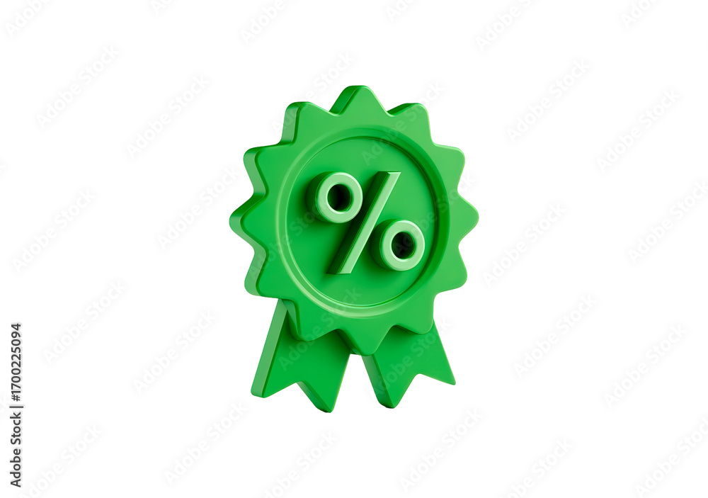 Fototapeta premium Green percentage ribbon: symbol of discount, savings and promotions on transparent background, PNG