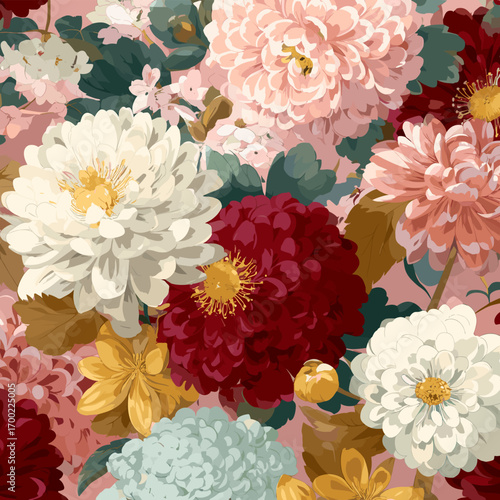 Oriental vintage flower textile design in rich red and ivory tones