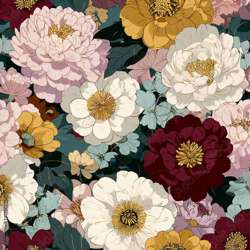 Oriental vintage flower textile design in rich red and ivory tones