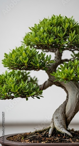 A meticulously cultivated bonsai tree with intricate branches, showcasing artistry