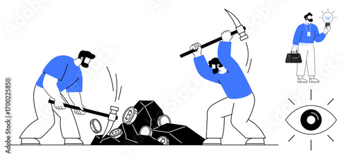 Workers extract minerals using tools while a professional with a briefcase holds a light bulb. Eye icon possibly symbolizes vision or insight. Ideal for teamwork, innovation, resource extraction