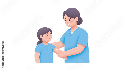 Nurse administering vaccine to young girl in clinic, ensuring child's health and safety with gentle care, promoting wellness and prevention.