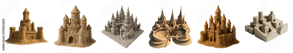Obraz premium Sandcastle set including classic, ornate, fantasy, and architectural styles isolated. Summer beach and creative building collection.