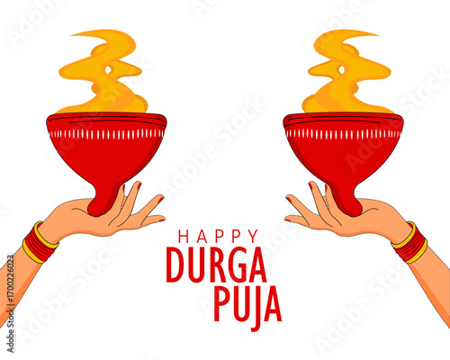 illustration of hand holding a dhunuchi dance pot with smoke celebrating durga puja festival happy navratri social media post