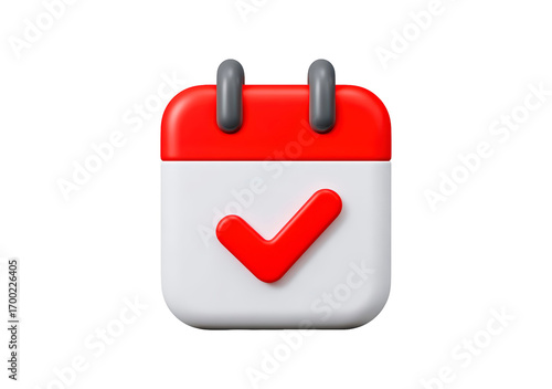3d calendar icon with red check mark and gray loops for task management on transparent background, PNG