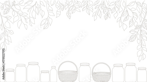 Illustration of jars and baskets with leaf decorations on a white background detailed line art