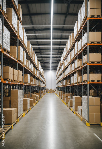 Photo Large modern warehouse interior with high shelves full of cardboard boxes