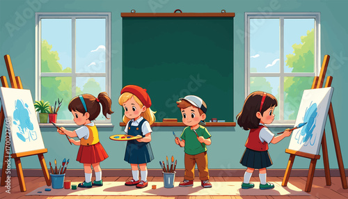 Young students enjoying a creative painting lesson in a bright classroom